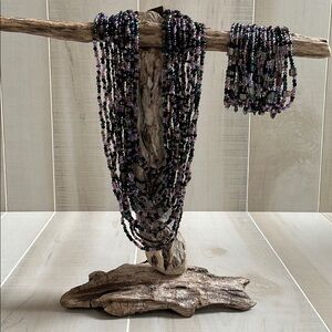 Elegant Purple and Black Glass Beaded Necklace and Bracelet Set